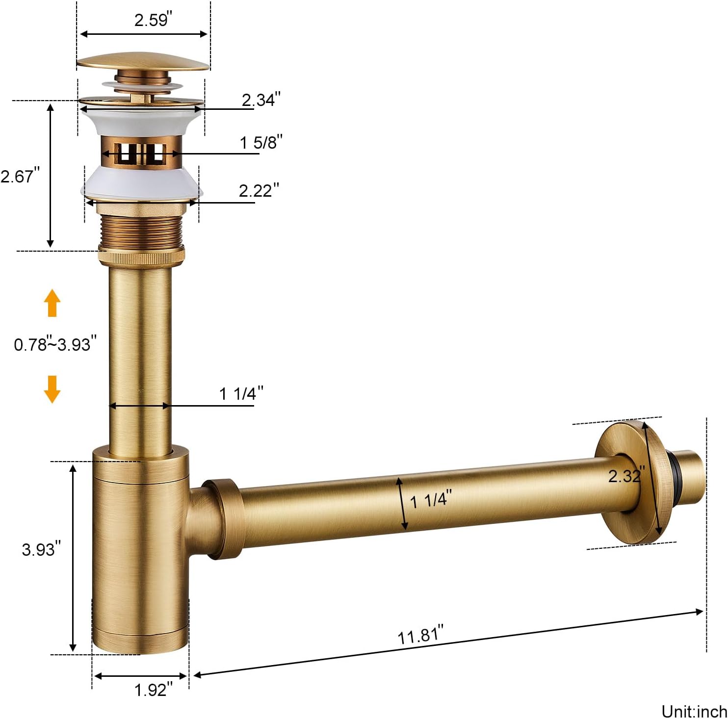 Trampa ajustable de latón macizo para botellas de 1-14 con tapón de drenaje de desbordamiento, juego completo de trampa en P para fregadero de baño,