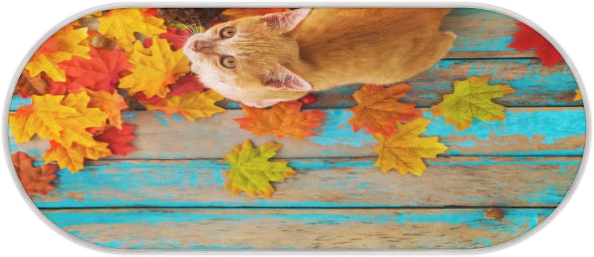 Cat Maple Leaves Memory Foam Bathroom Rug Runner Soft Cozy Bath Rug Water Absorbent Non-Slip Bathroom Mat Thick Velvet Shower Mat Bath Mat for