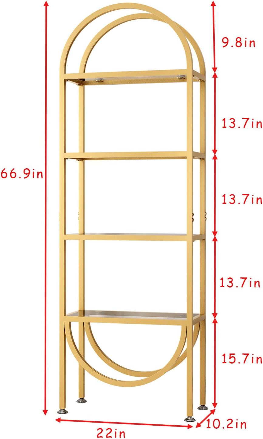 Freestanding Gold Bookshelves with Glass Shelves Storage, Modern Gold Bookcase with 4 Tier Glass Shelves, Gold Storage Organizer for Office, Living