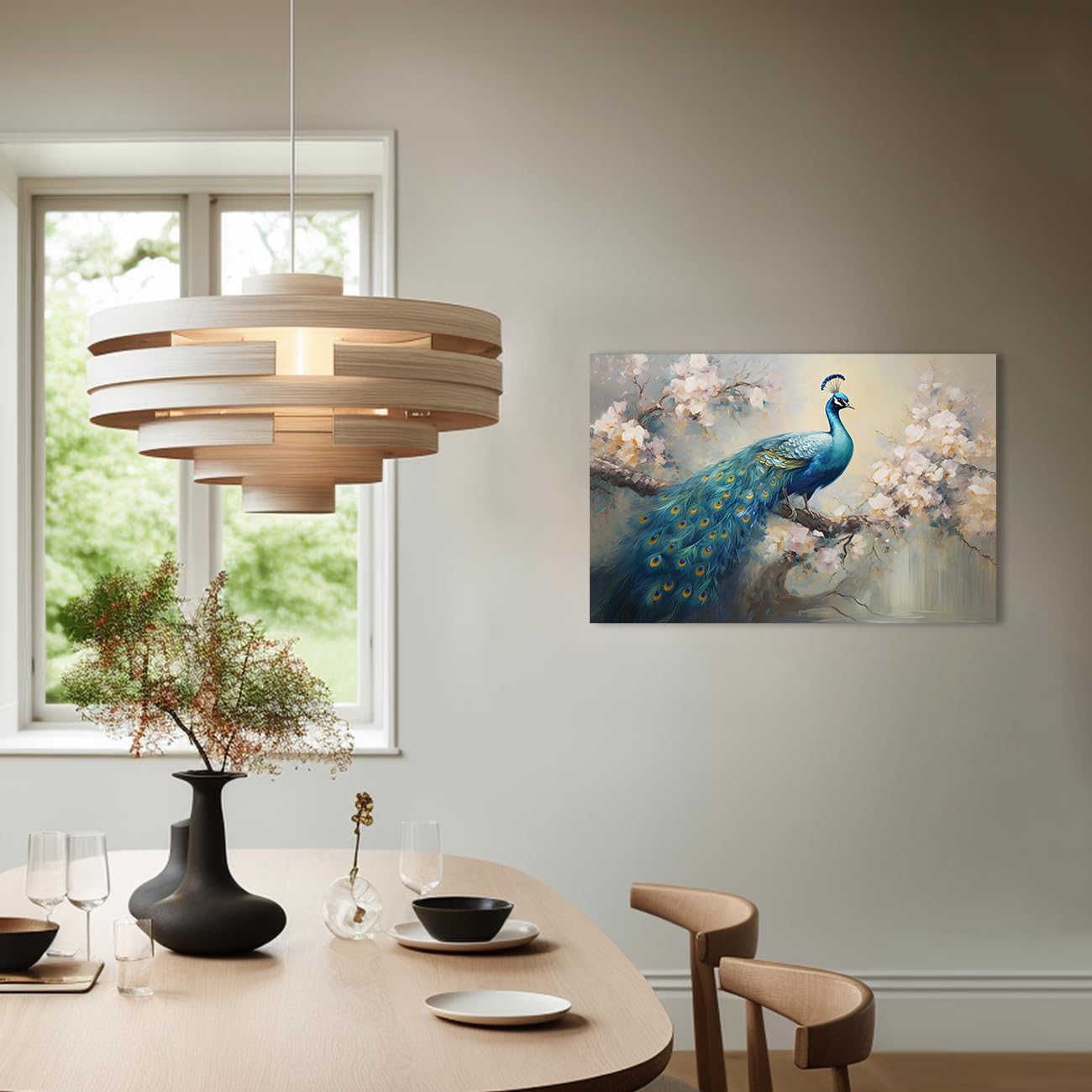 QIXIANG Lienzo decorativo para pared, diseño retro y elegante de pavo real sobre ramas de flores, impresiones de imágenes para decoración del hogar