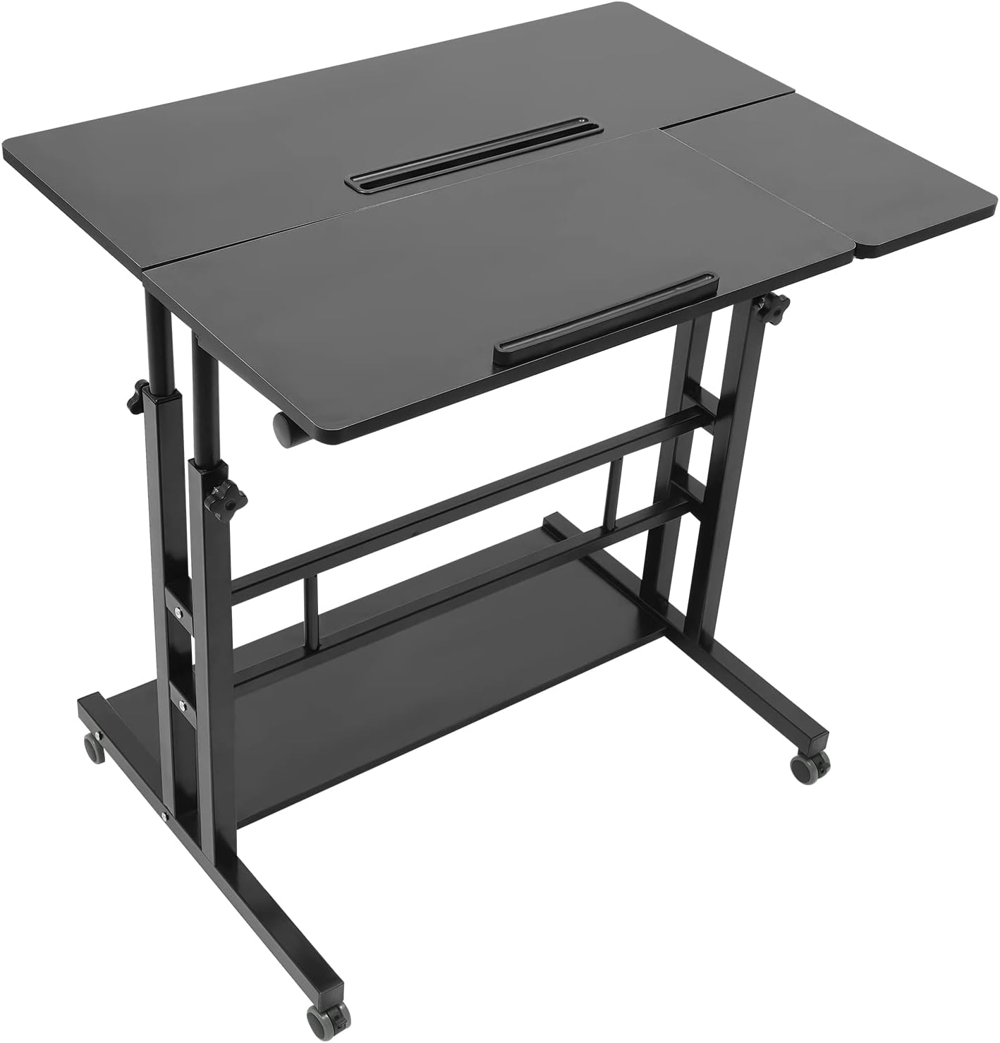 Escritorio portátil ajustable 4 en 1, escritorio de pie MDF con 4 ruedas universales bloqueables, organizador de escritorio con pedales inferiores,