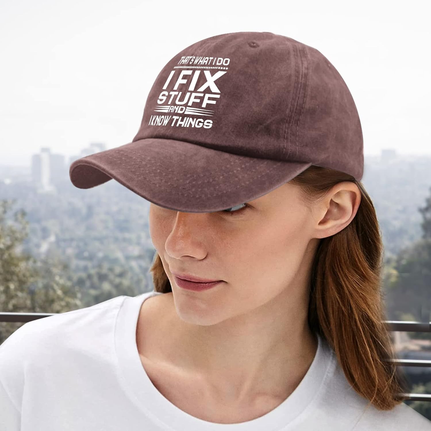 That’s Whats I Do I Fix Stuff and I Know Things – Sombreros desgastados para hombre, de mezclilla lavada, ajustables, con correa trasera