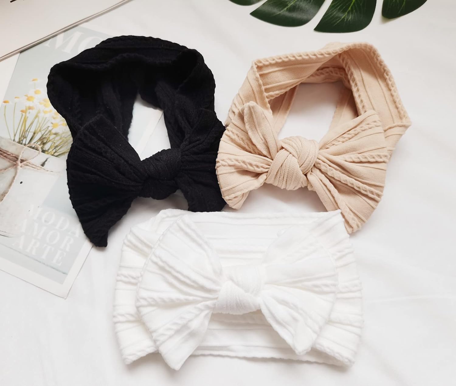 Diademas con lazo para bebé y niñas, hechos a mano, suaves lazos para recién nacidos, para bebés, color negro y blanco (negro+blanco+beige)