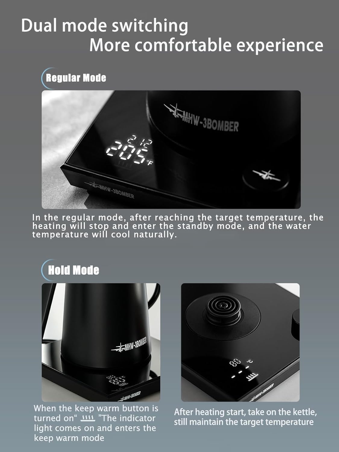 MHW-3BOMBER Hervidor eléctrico de cuello de cisne, hervidor de café profesional, tetera con control preciso de temperatura, pantalla LED, apagado