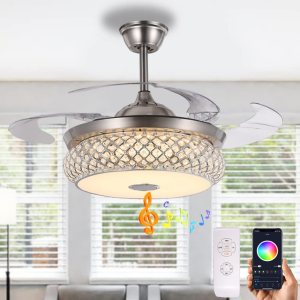 HNDDS Lighting Ventilador retráctil plateado de 42 pulgadas con ventilador de techo de cristal ligero con altavoz y control remoto, 7 ventiladores HNDDS Lighting Ventilador retráctil plateado de 42 pulgadas con ventilador de techo de cristal ligero con altavoz y control remoto, 7 ventiladores