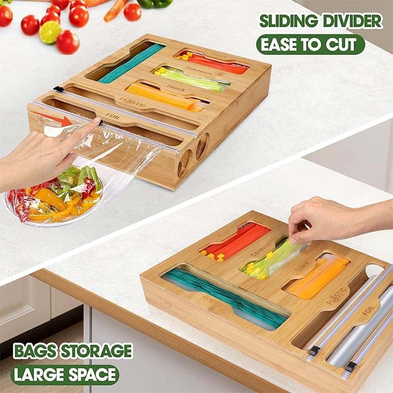 Organizador de almacenamiento de bolsas Ziplock 6 en 1, dispensador de papel de bambú y plástico con cortador organizador para cajón de cocina,