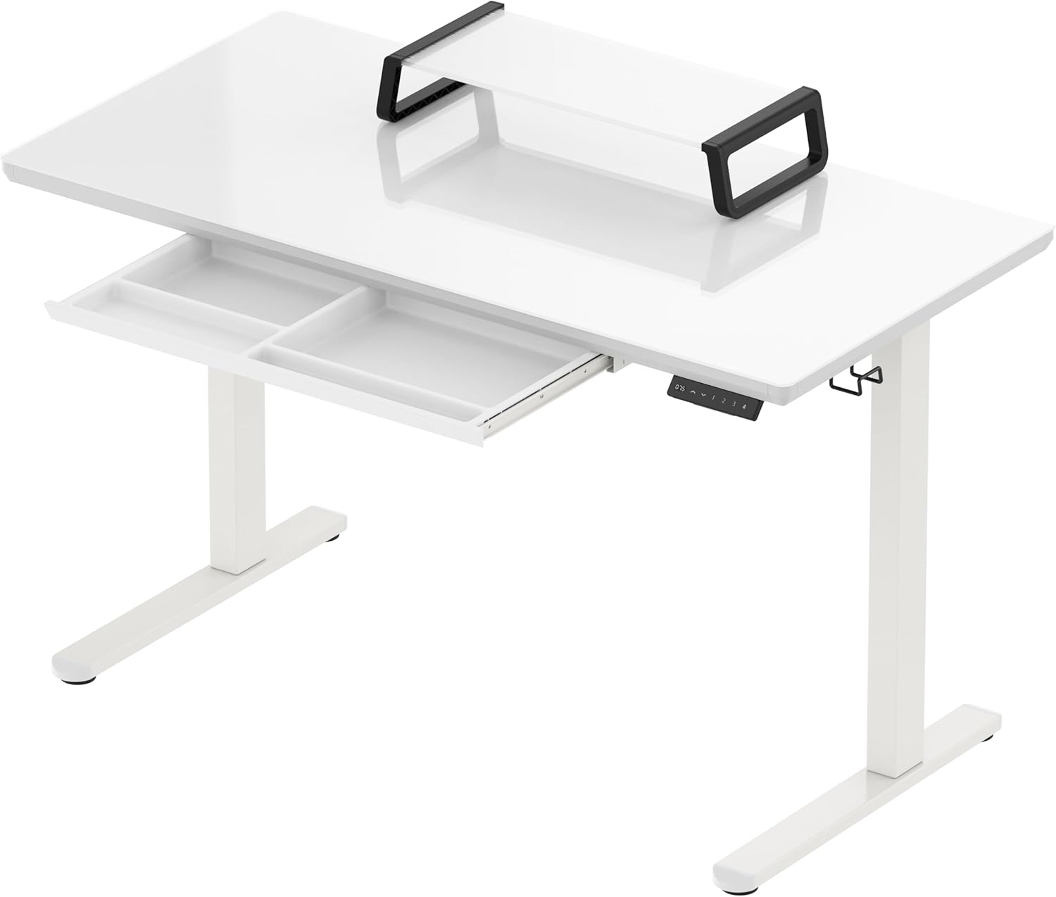 SHW  48 pulgadas  Escritorio eléctrico de altura ajustable de vidrio de una pieza completa  Elevador de monitor y cajón incluidos  Blanco