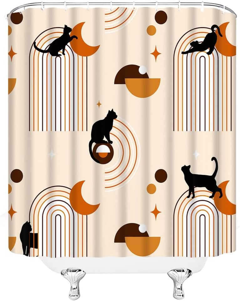 Cortina de ducha moderna de mediados de siglo, diseño retro atómico, gato negro, bohemio, arco iris, abstracto, geométrico, minimalista, divertido,