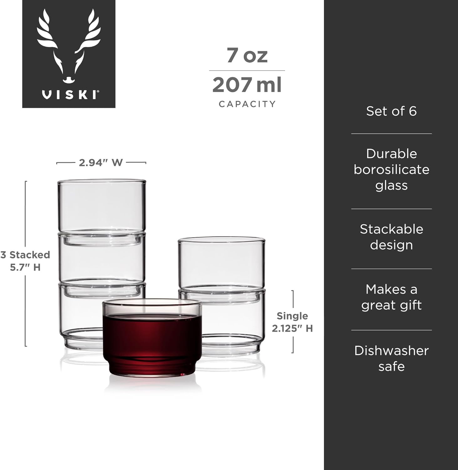 Viski Bodega – Juego de vasos apilables, cristalería moderna para vino y cócteles, 7 onzas, juego de 6, transparente