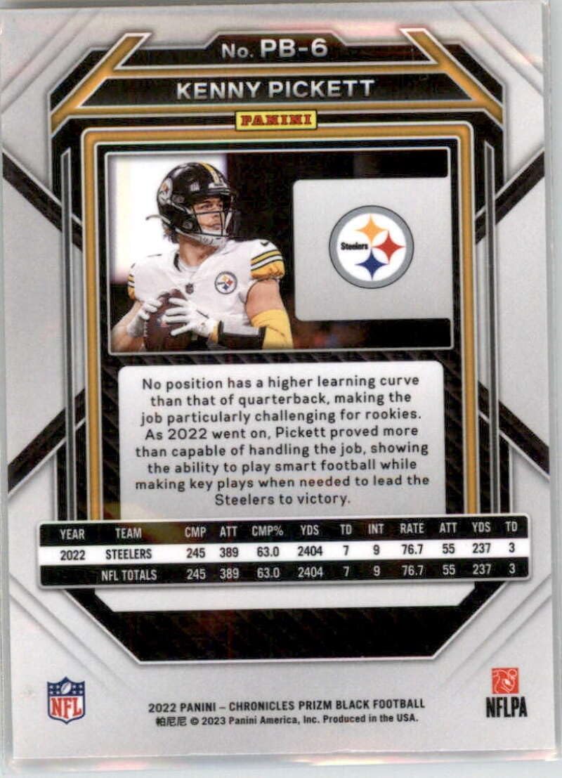 2022 Panini Chronicles Prizm Black #6 Kenny Pickett Pittsburgh Steelers RC Rookie Card Official NFL Football Card in Raw (NM or Better) Condition