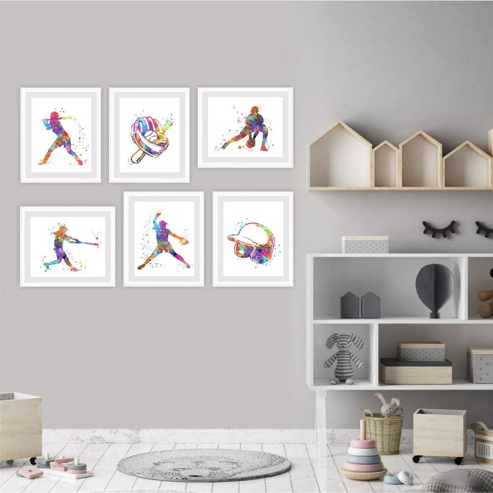 Dignovel Studios Sin marco (juego de 6) 8X10 Acuarela Chica Béisbol Softbol casco guante bola bat blazer deporte impresión dormitorio pared arte dnc4