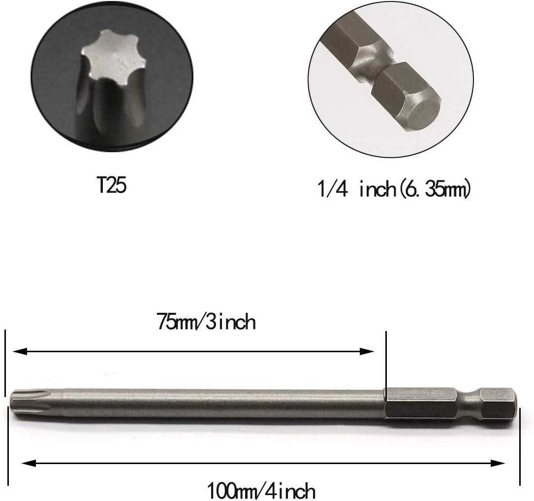 Juego de 10 puntas de destornillador de cabeza Torx T25 de 4″100 mm, vástago hexagonal de 14 pulgadas con ranura de liberación rápida, kit de