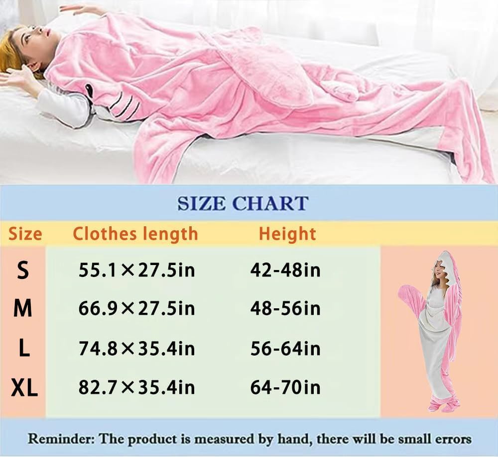 Manta de tiburón con capucha para adulto, cómoda manta de tiburón con capucha súper suave, saco de dormir de tiburón para adultos y niños (rosa,