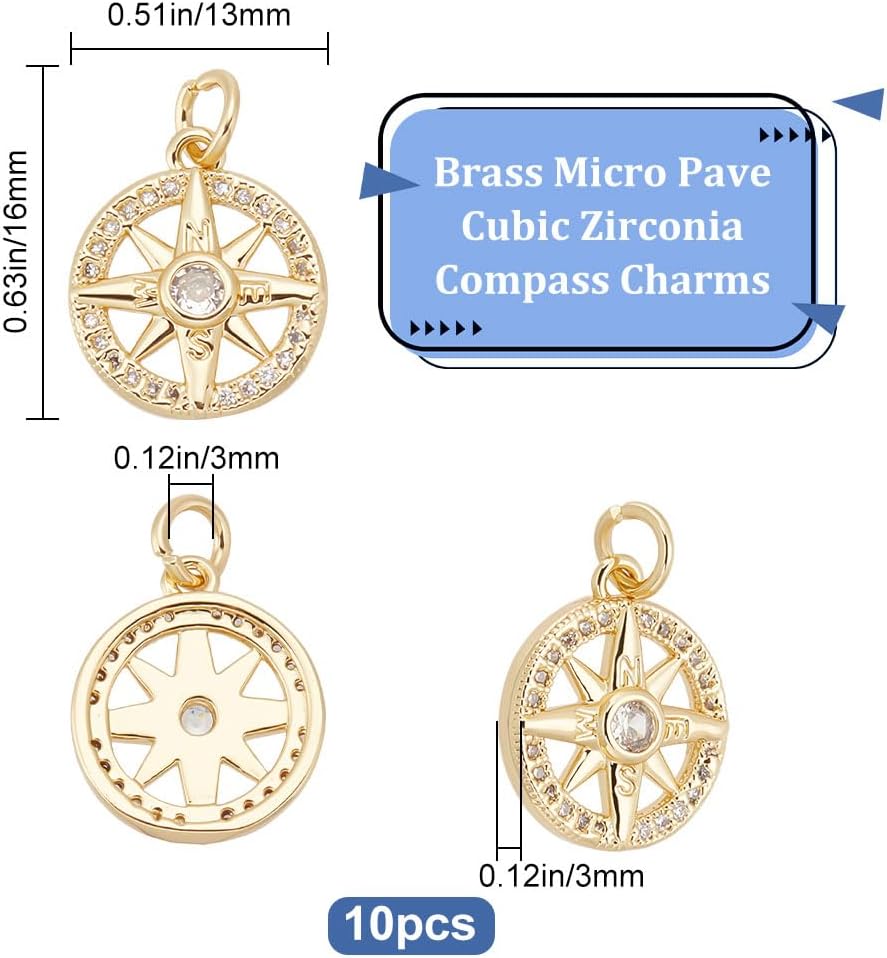 Beebeecraft 1 caja de 10 dijes de brújula micro pavimenta de circonita cúbica de piedra de cristal dorado plano redondo colgantes para bricolaje