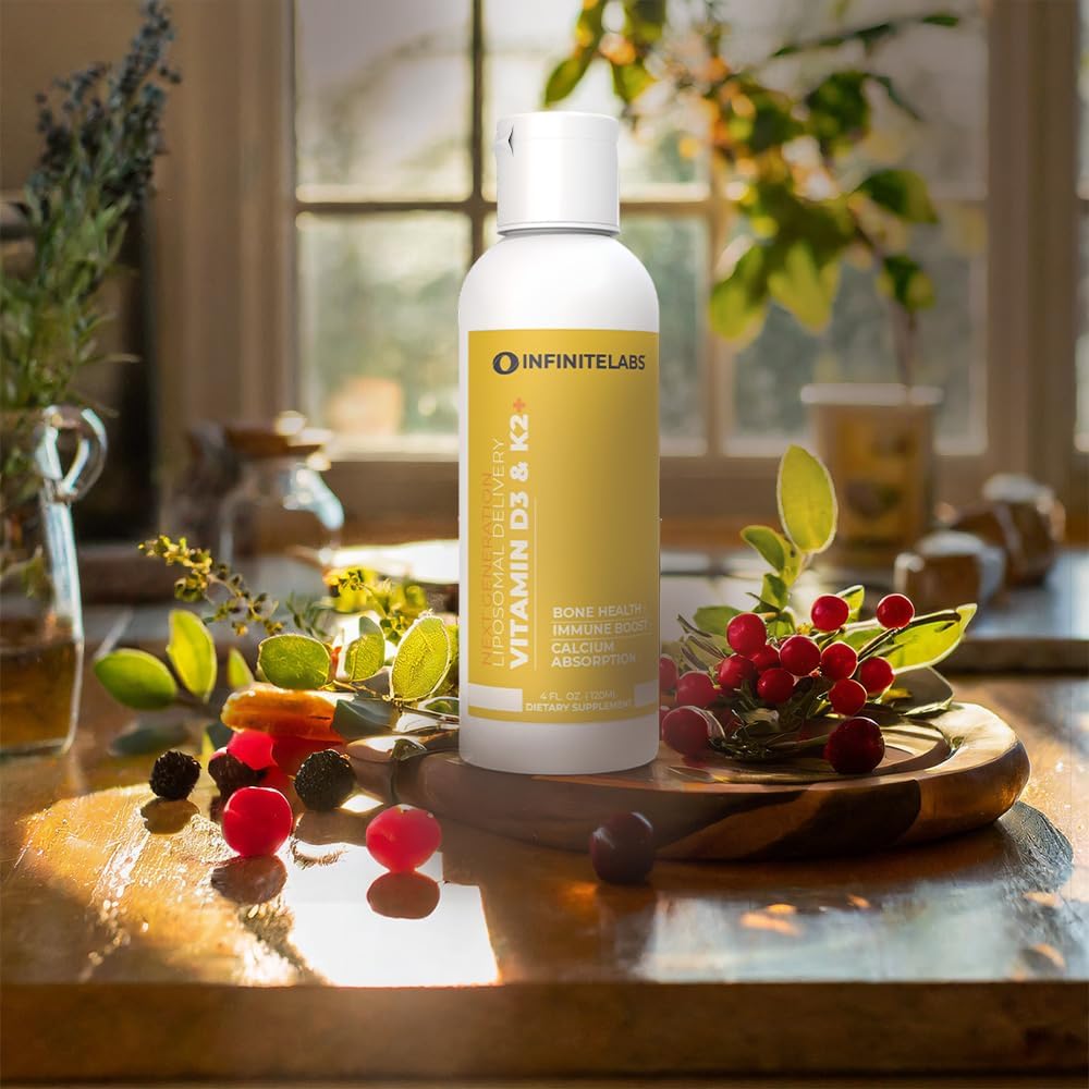 Infinite Labs Vitamina liposomal D3+  Suplemento líquido de vitamina D3 y K2+  Salud ósea, apoyo inmunológico, absorción de calcio  Sin gluten, sin