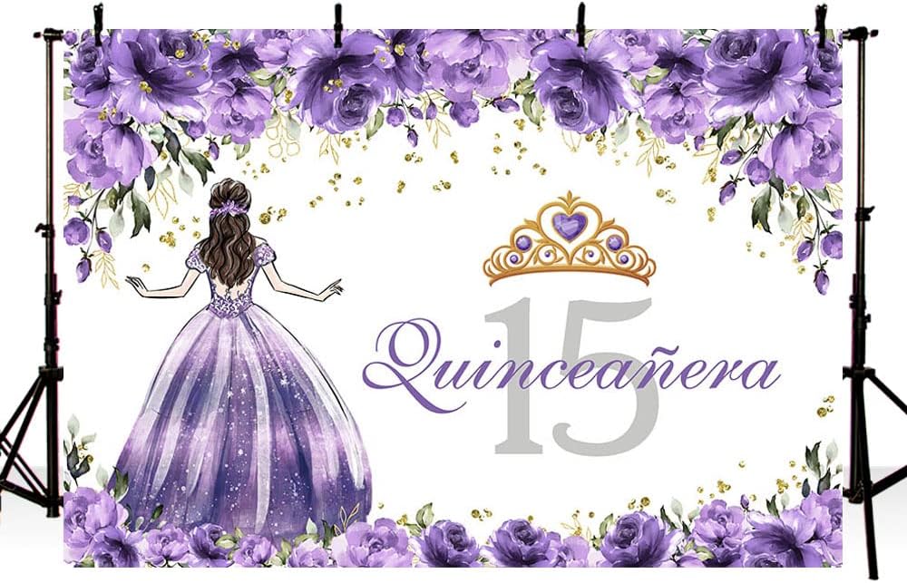 Seefeful SENDY – Telón de fondo de quinceañera de 15 cumpleaños para niñas, vestido morado, corona de princesa, fondo de fotografía, flores moradas,