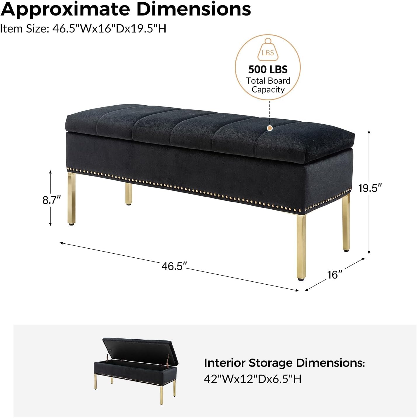 HULALA HOME Banco otomano moderno de terciopelo con tapa abatible y ribete de cabeza de clavos, banco tapizado para dormitorio en el extremo de la