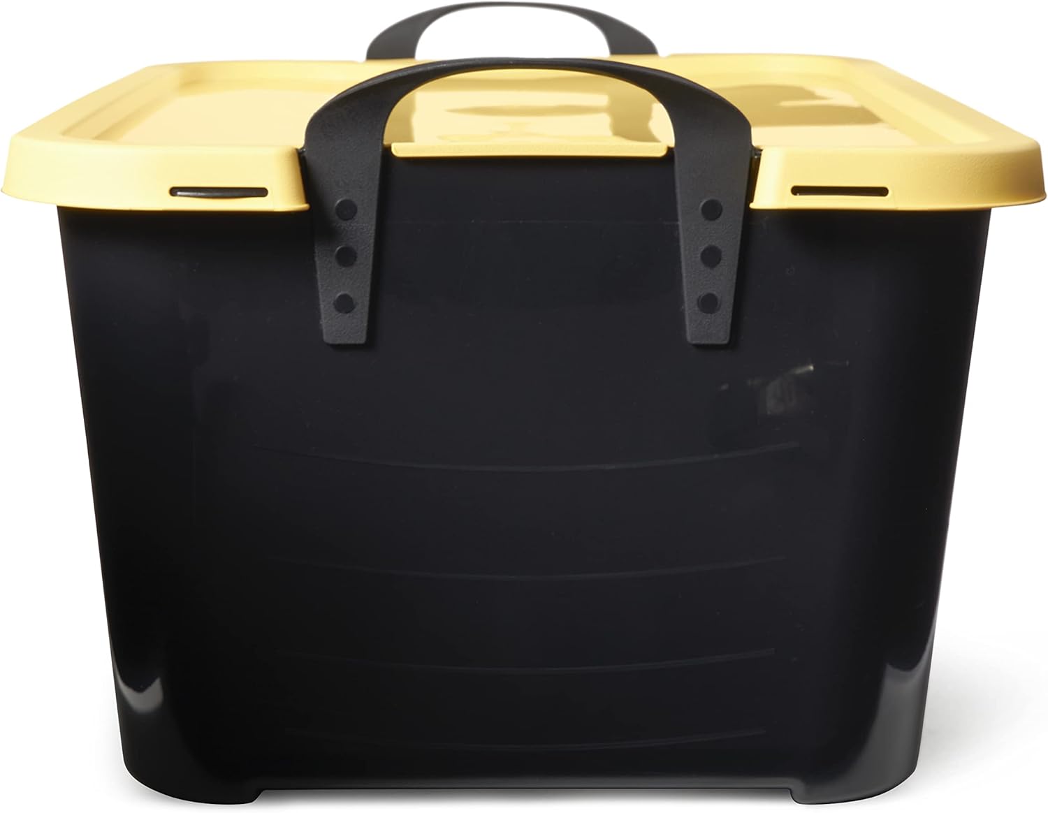 Life Story – Contenedor apilable de plástico de 55 cuartos de galón con tapa y asas para organización de cochera en el hogar, color negro y amarillo