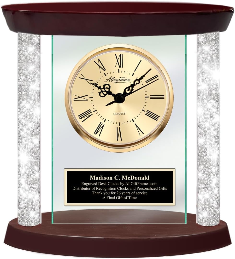 AllGiftFrames Reloj de mesa con placa grabada negra con diamantes de oro, bisel de oro, bisel de lujo, base de madera, reloj con base de madera,