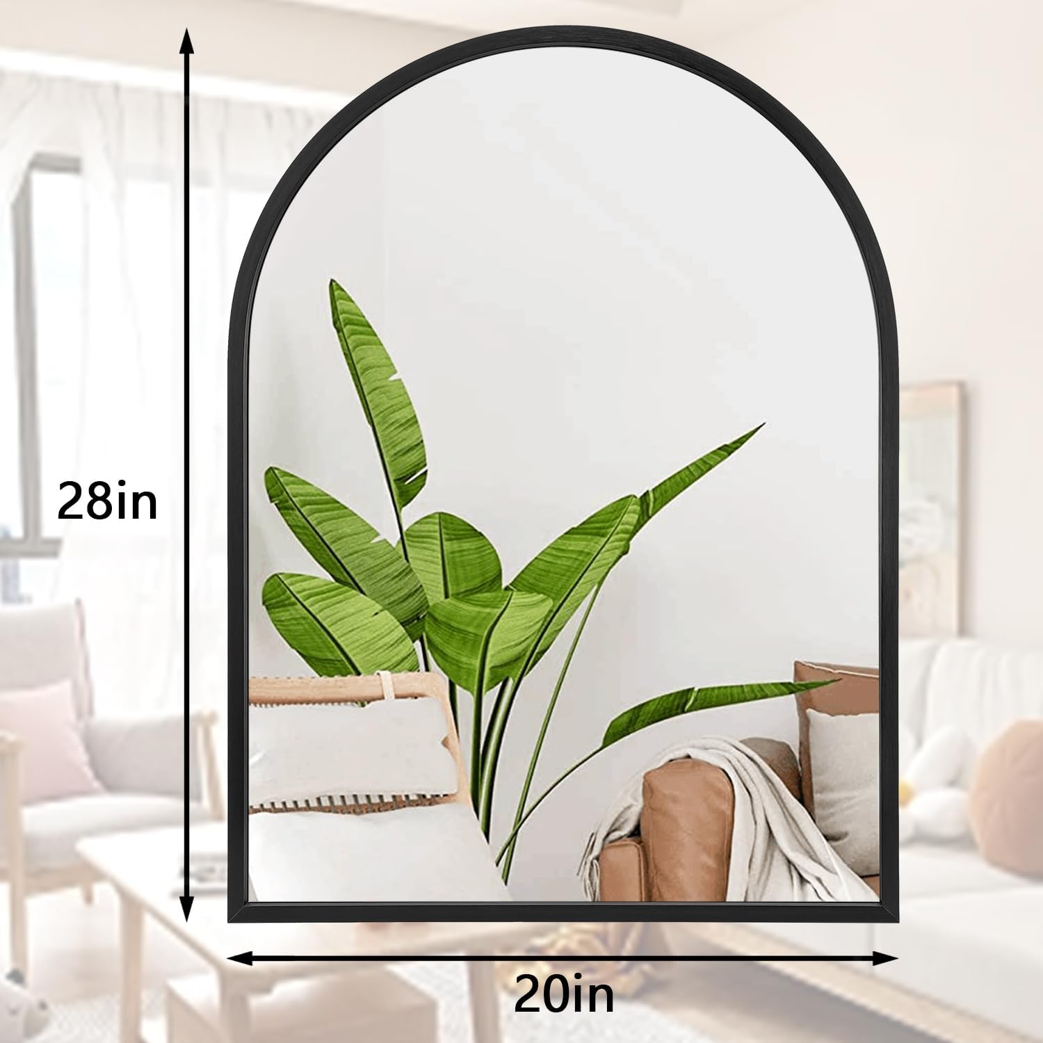 Espejo de pared de arco de 28 x 20 pulgadas, espejo grande de baño negro con marco de metal para pared, decoración de tocador, dormitorio, entrada,