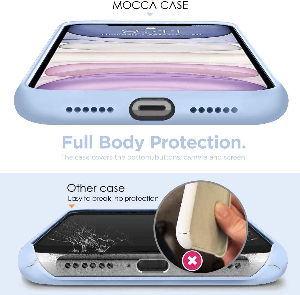 MOCCA – Funda con soporte de anillo, forro de microfibra supersuave, amortiguadora, de silicona líquida y antiarañazos para iPhone 11, azul claro
