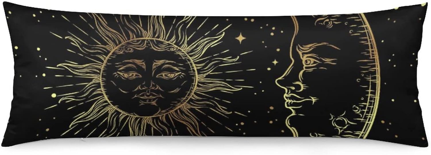 LynaRei Funda de almohada corporal de sol y luna dorada, funda de almohada larga con cremallera, color negro, rectangular, suave, grande, para el