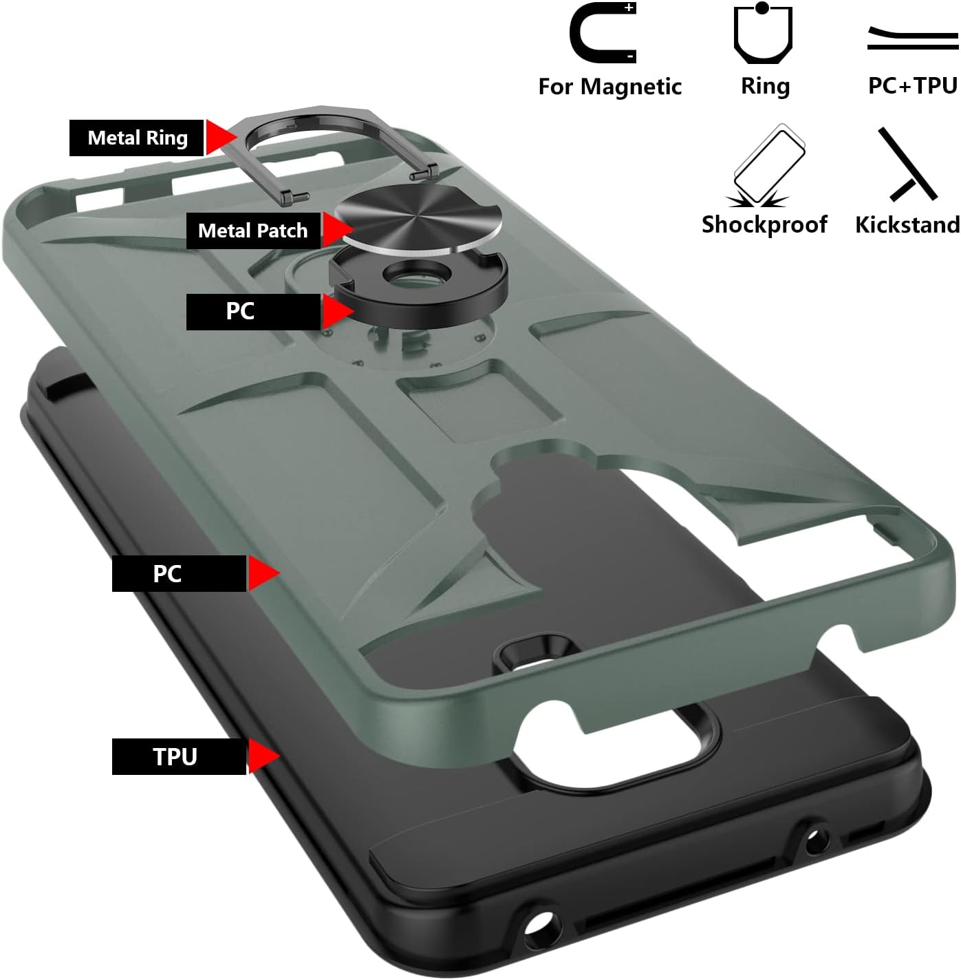 Funda para Xiaomi Note 9 Pro, Note 9sNote 9 Pro Max, con 3 protectores de pantalla de vidrio templado, soporte de anillo integrado y soporte
