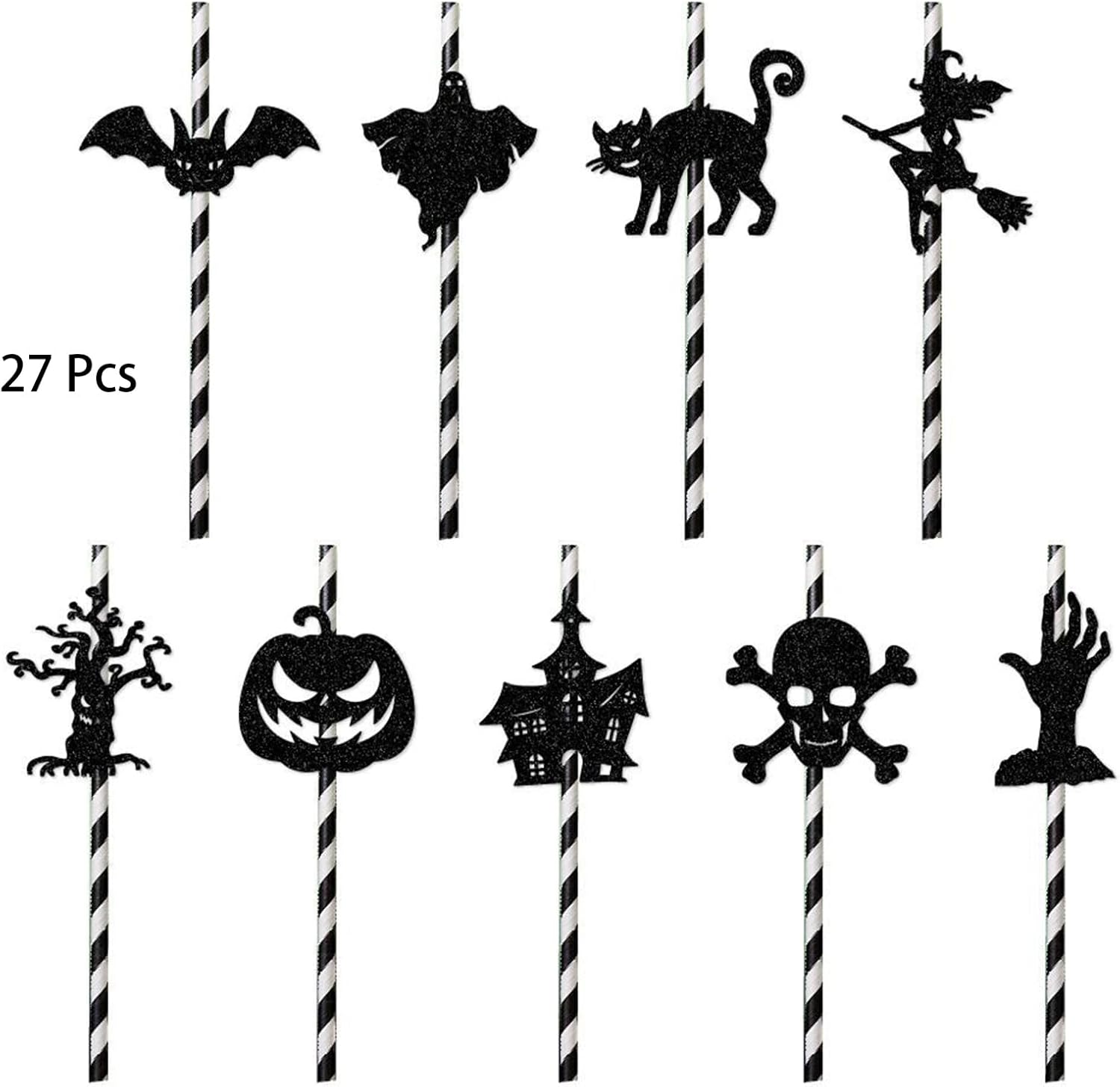 27 popotes de papel de Halloween, diseño de calabaza, murciélago, esqueleto, gato, bruja, castillo, calcomanía, pajitas desechables, pajitas de