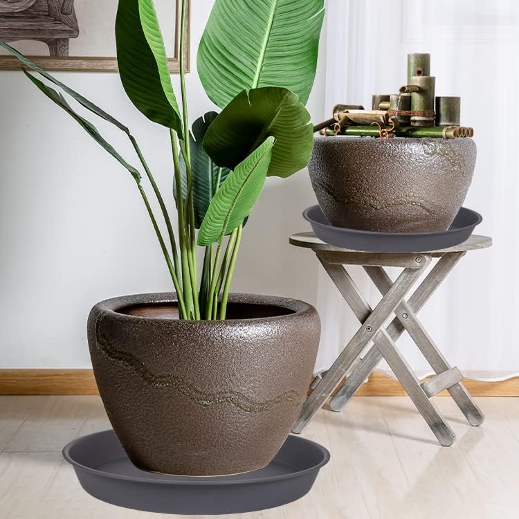 Platillo de plástico para plantas de 22 pulgadas, paquete de 2 bandejas de goteo grises duraderas para maceta, bandeja de drenaje resistente para