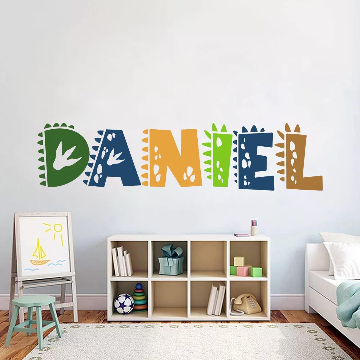 Calcomanía de pared personalizada del alfabeto de dinosaurio, calcomanías de pared de dinosaurios personalizadas para habitación de niños,