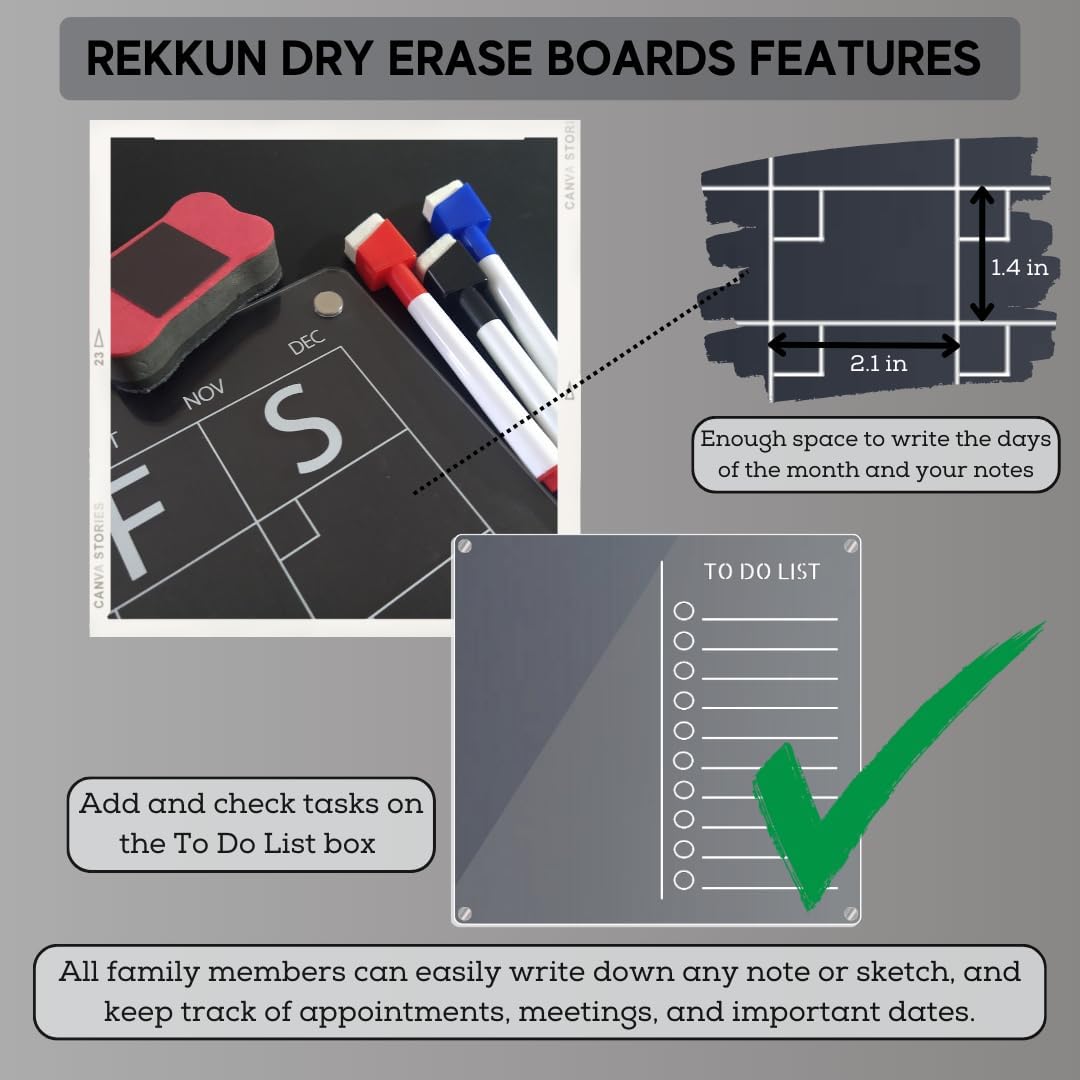 REKKUN – Pizarras magnéticas acrílicas de borrado en seco. Juego de 2 piezas de calendario mensual acrílico de 16 x 12 pulgadas y lista de tareas