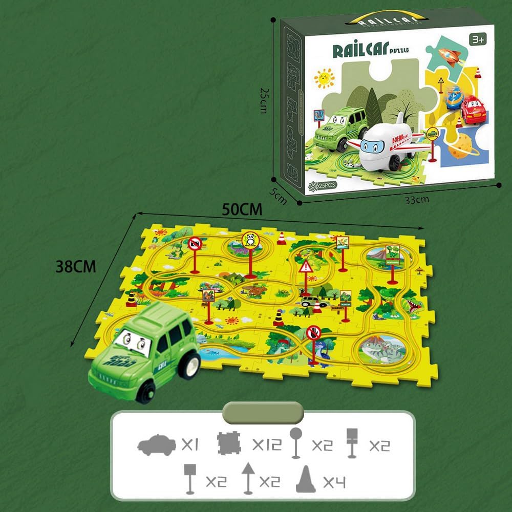 PowerTRC Rompecabezas de coche de ferrocarril de plástico con un camión y señales de carretera  Montessori educativo imaginativo rompecabezas de
