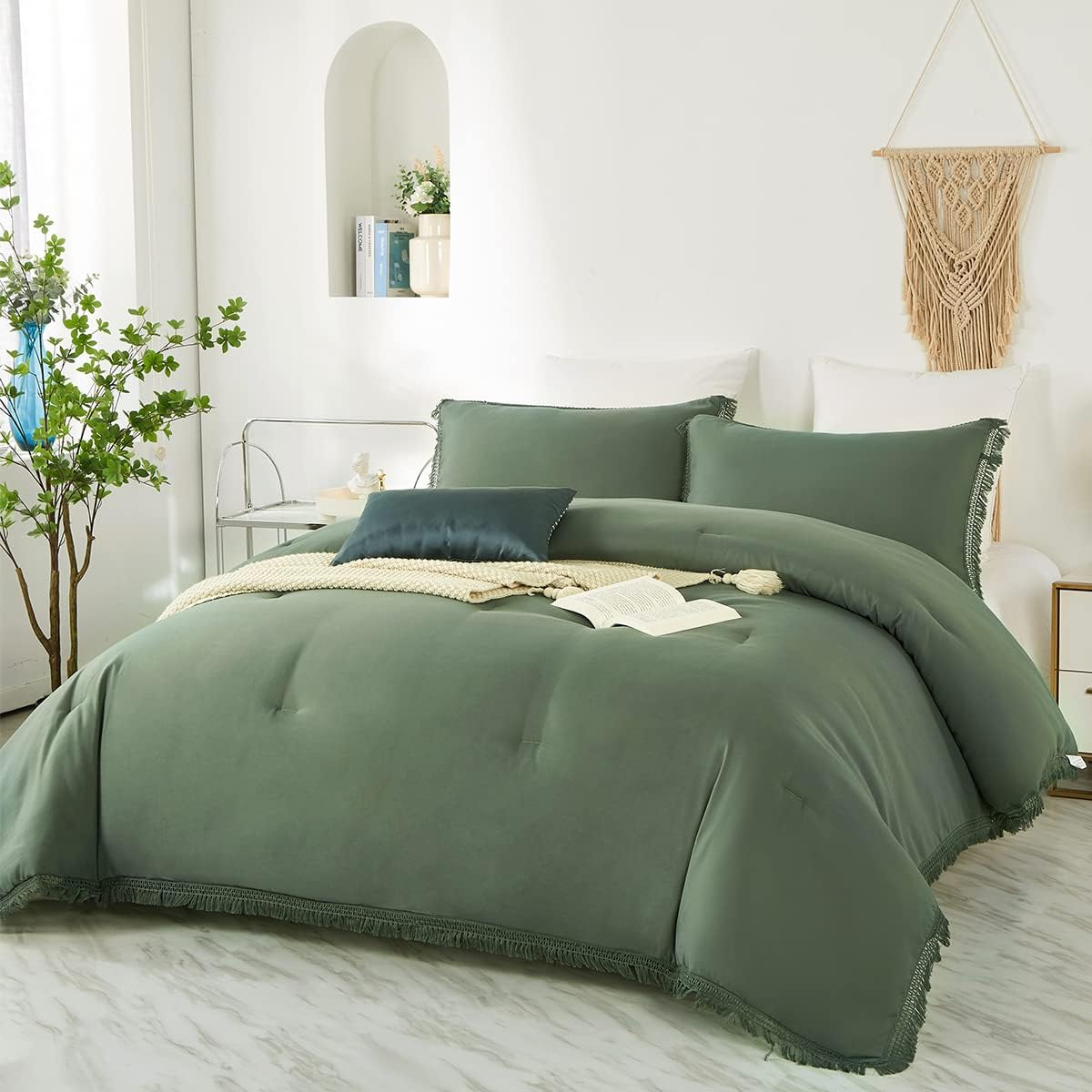 Juego de edredón verde bohemio tamaño King con borlas, juego de ropa de cama estético de 3 piezas de microfibra estilo desgastado y elegante, juego
