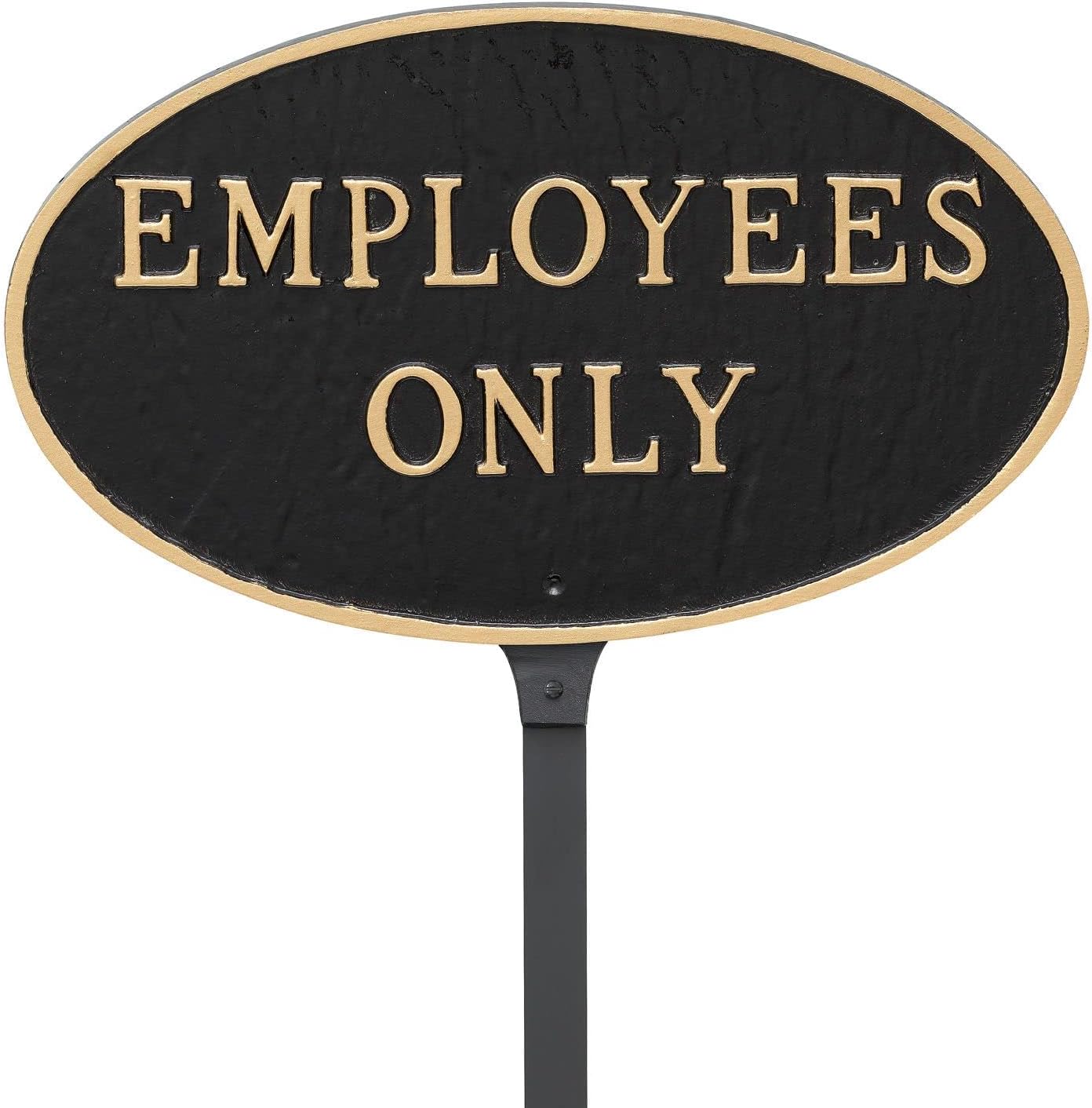Placa ovalada de metal fundido con texto en inglés “Employees Only” – Placa de exhibición para césped o pared – Letrero de seguridad empresarial –