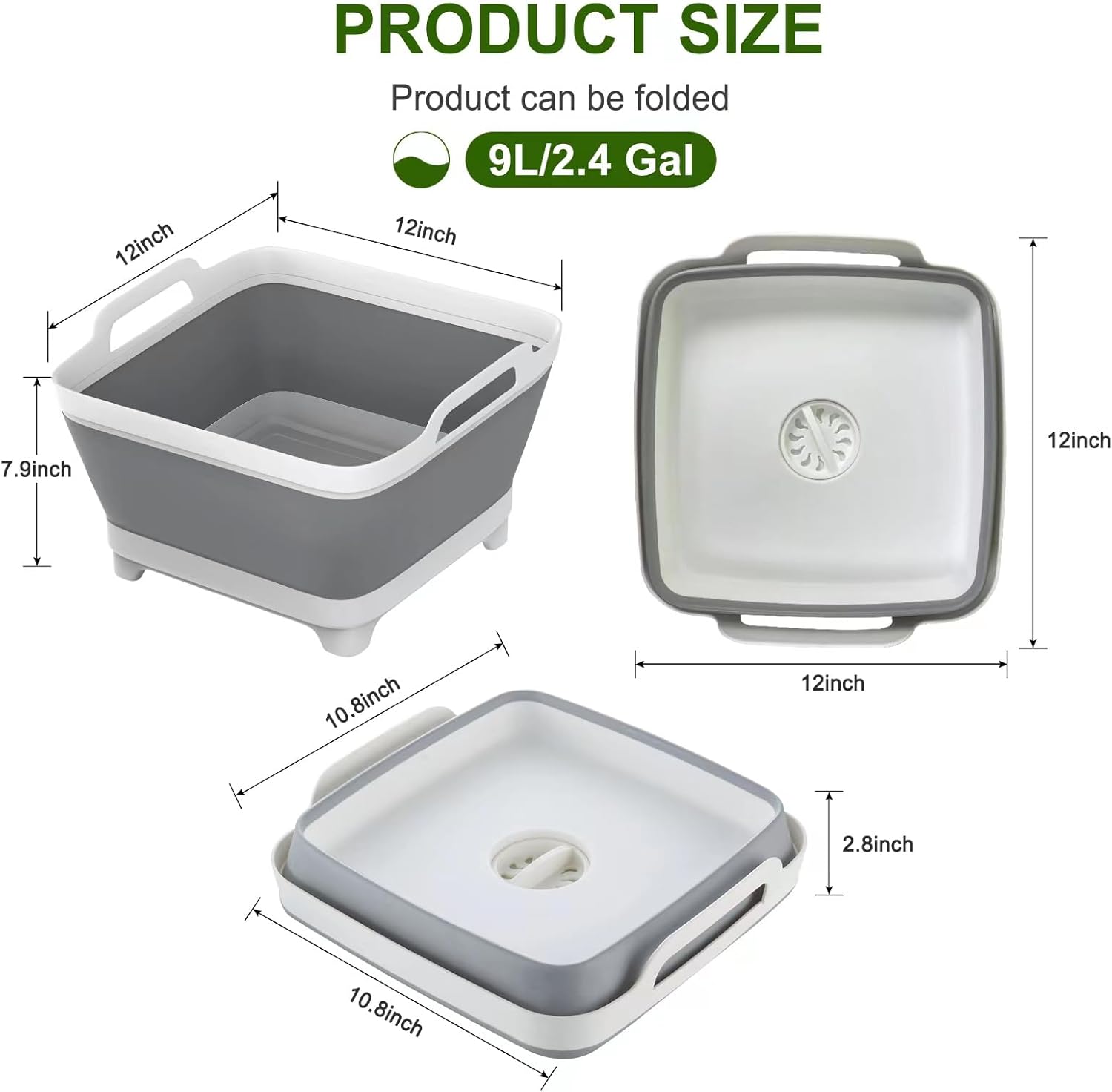 Lavabo plegable de 9L (gris, PP, TPR), tina portátil con tapón de drenaje, estante de secado que ahorra espacio para cocina, campamento, lavandería