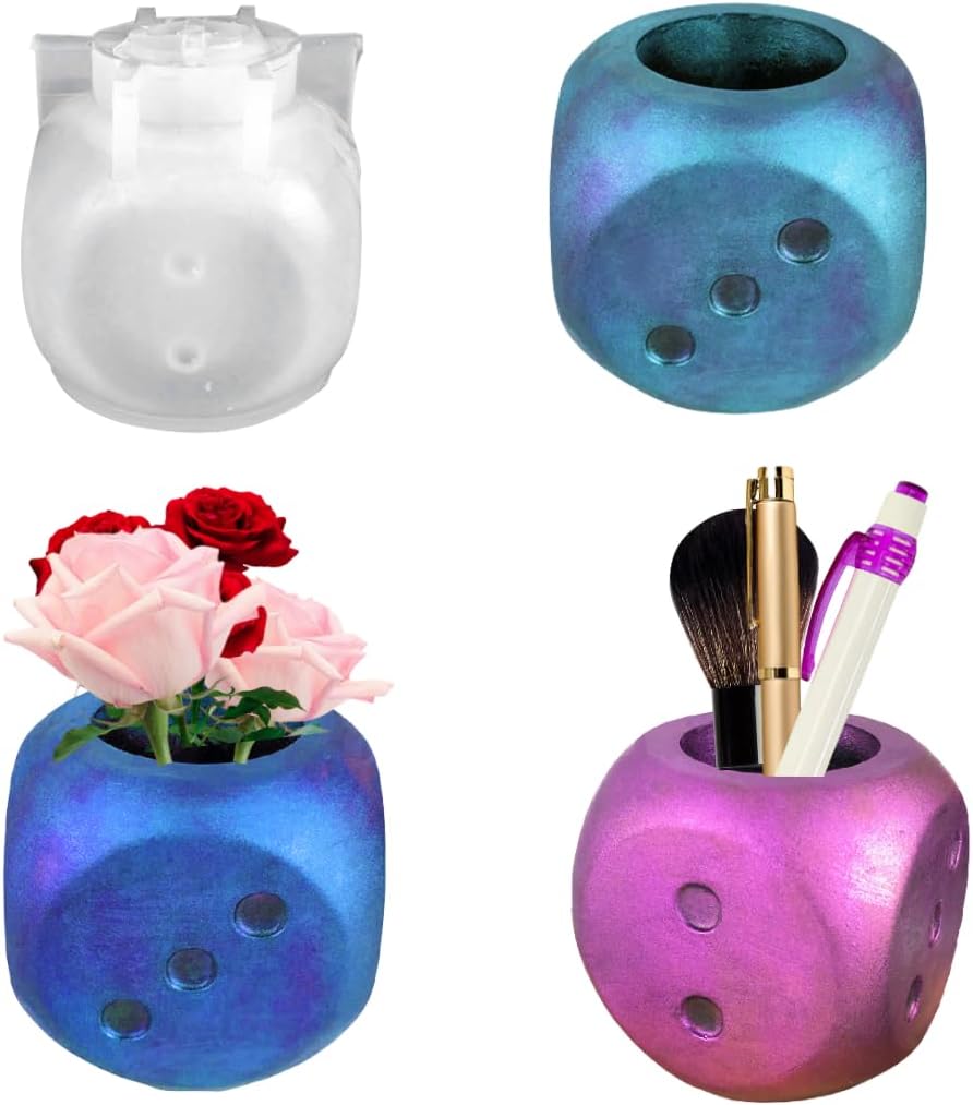 DeryArcle Molde de resina para florero con forma de dados, moldes de silicona, moldes de fundición epoxi, molde de contenedor 3D para bricolaje,