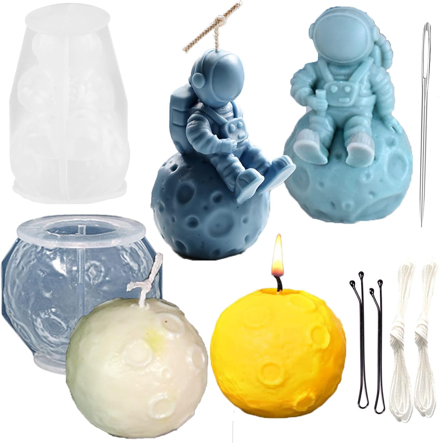Molde de astronauta y vela de luna 3D para hacer velas, jabones, molde de aromaterapia, molde de silicona para chocolate, caramelo de hielo,
