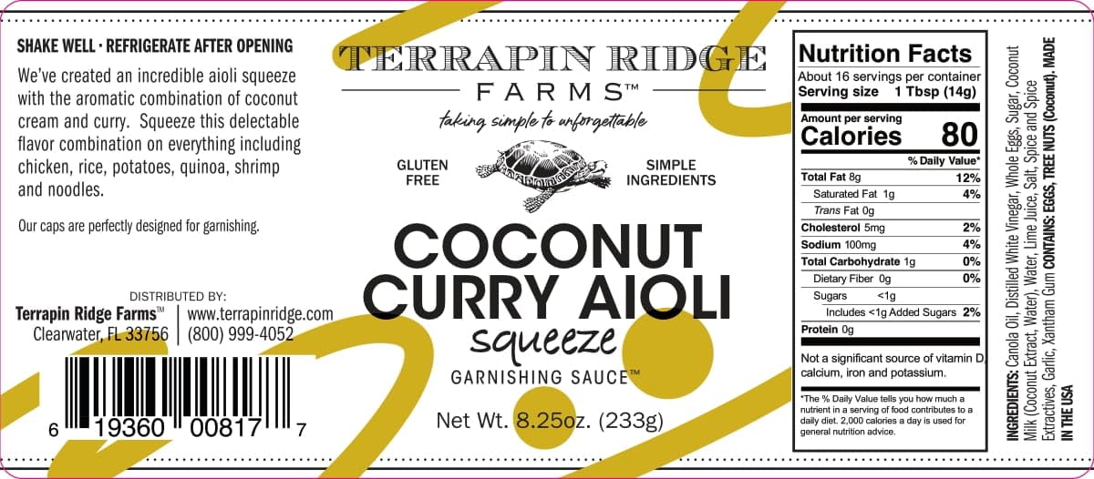Terrapin Ridge Farms – Salsa de guarnición de alioli de coco y curry – Una botella exprimible de 8.25 onzas