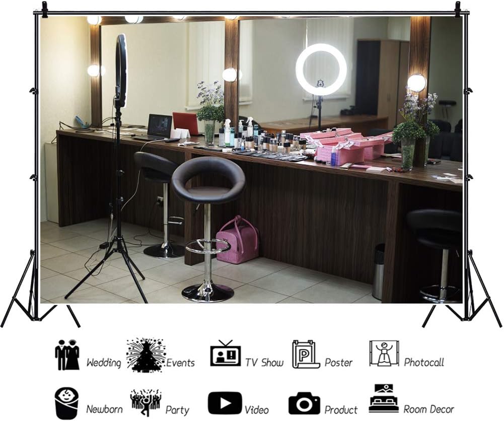 OERJU Fondo interior para sala de maquillaje de 5 x 3 pies para fotografía, moderno salón profesional, espejo de maquillaje, cosméticos y