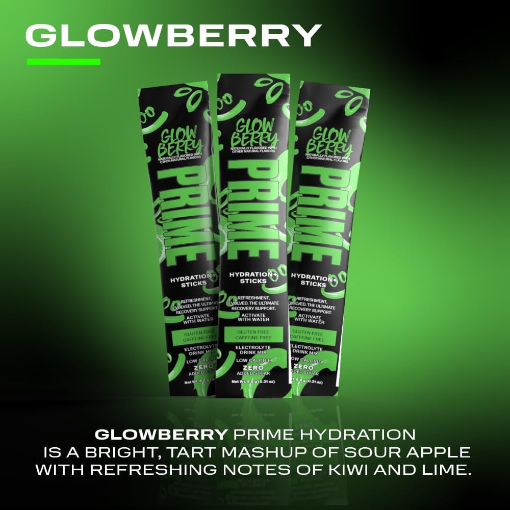 Prime Hydration + Paquete de palitos  GLOWBERRY  6 varillas  Mezcla de bebida con electrolitos  10% de agua de coco  250 mg de BCAA  Antioxidantes