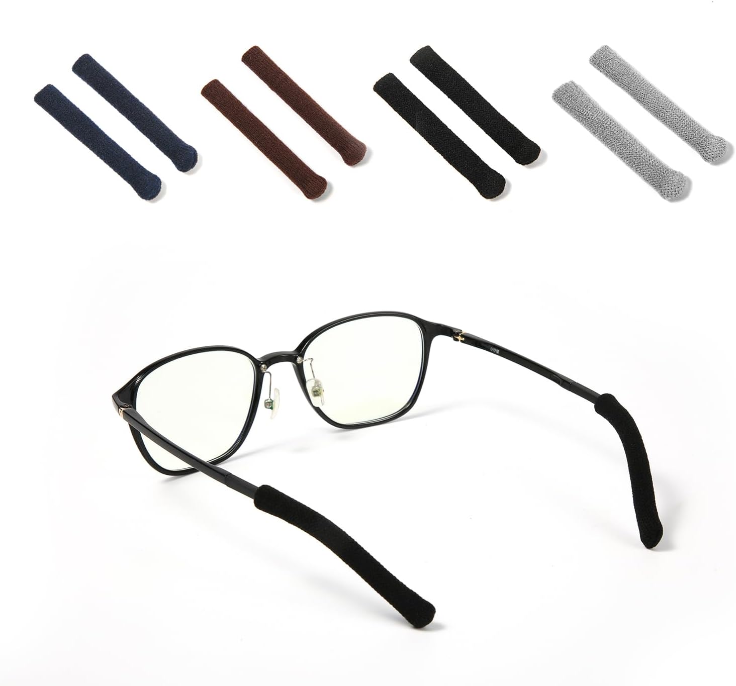 4 pares de puntas de patillas para gafas, antideslizantes, almohadillas de punto suave para lentes de sol, lentes de lectura (negro, gris, marrón +