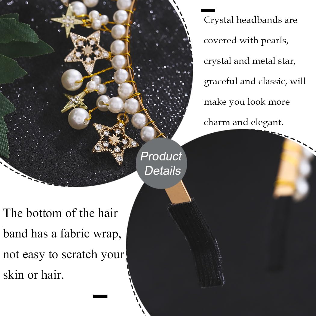 Urieo Corona con halo de estrellas, perlas doradas, diadema de diosa, tiara fina de cristal, accesorios para el cabello hechos a mano para mujeres