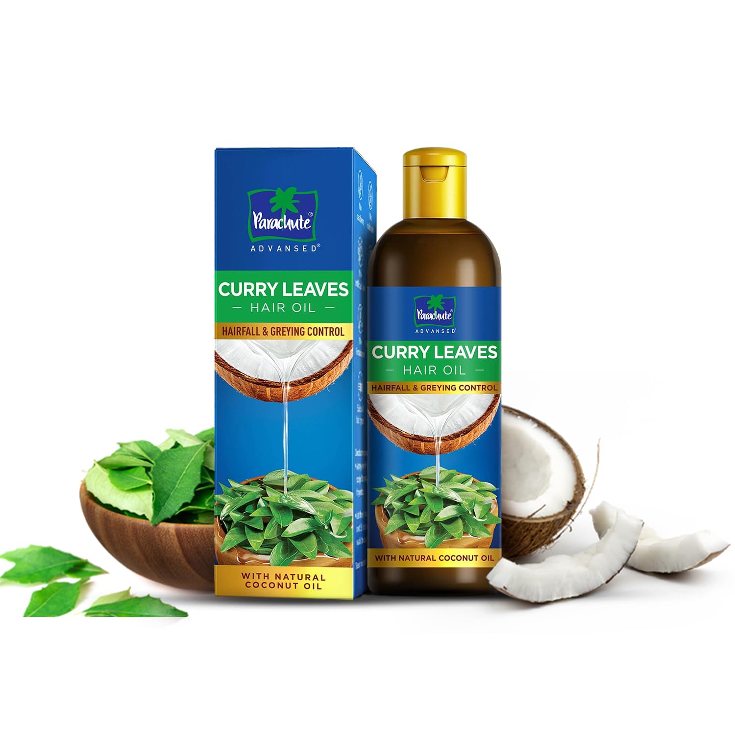 Parachute Advansed Aceite para el cabello con hojas de curry con aceite de coco natural y vitamina E, reduce la caída del cabello y retrasa el