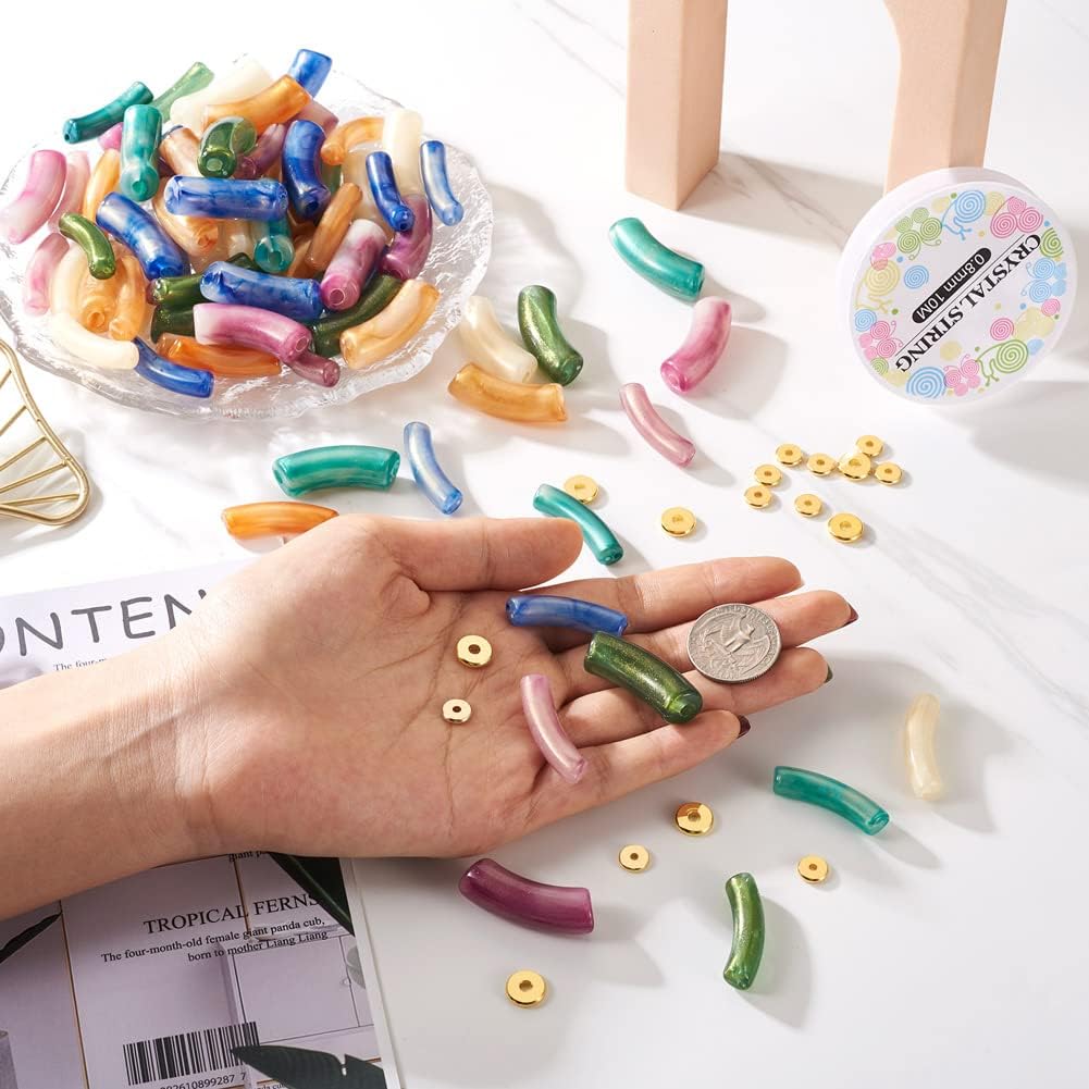 Mega Pet Kit de fabricación de pulseras de cuentas de tubo curvo, 120 cuentas acrílicas de tubo de bambú con 40 cuentas espaciadoras de disco de