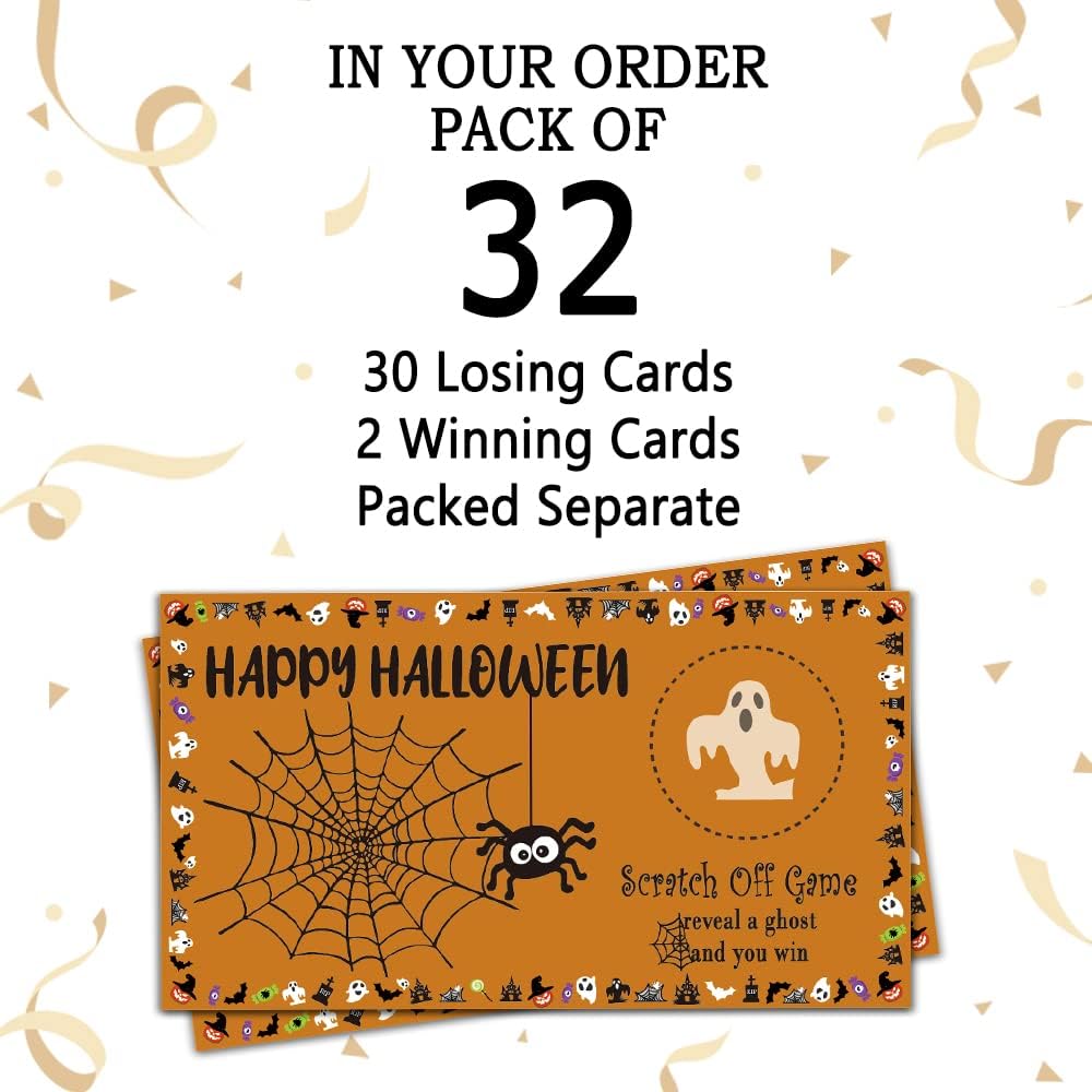REWIDPARTY Juego de cartas para raspar para fiesta de Halloween (32 unidades) Vales de juego de fiesta de Halloween, premios de juegos de rifas