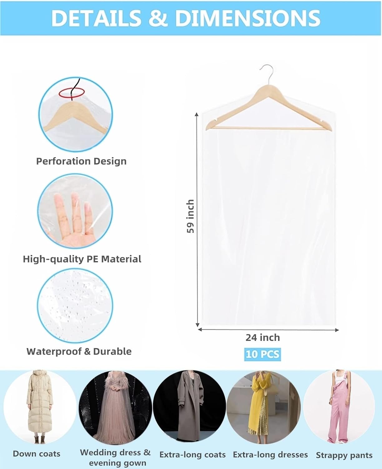 10 fundas de plástico transparente para ropa, bolsas de limpieza en seco, bolsa de plástico transparente para ropa, se puede colgar cubierta