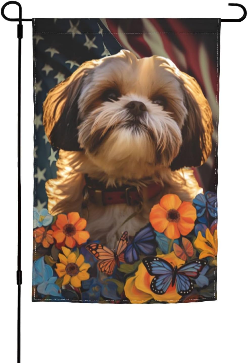 Bandera de jardín Shih Tzu Dogs – Bandera de Estados Unidos con diseño de girasol, 12 x 18 pulgadas, doble cara, decoración de patio al aire libre