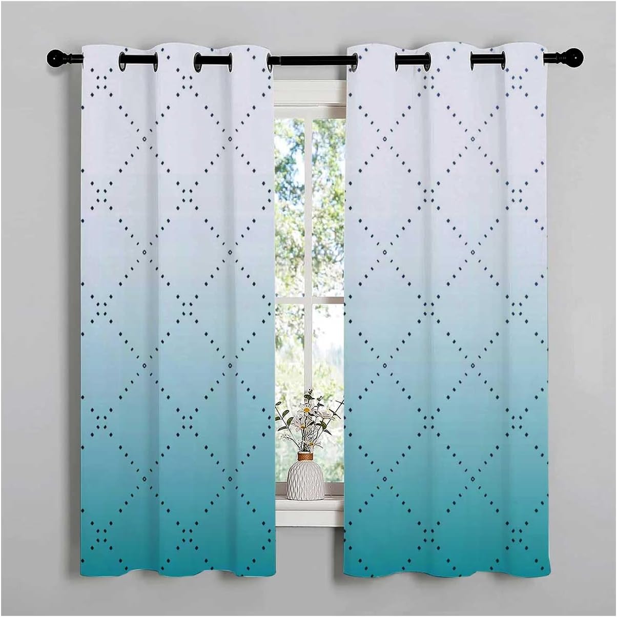 YANFENQI Cortinas para Habitacion White Cyan Gradient Geometric Checked Sliding Room Dividers Blackout Fabric 63Inch Width by 80Inch Length,2 Panels
