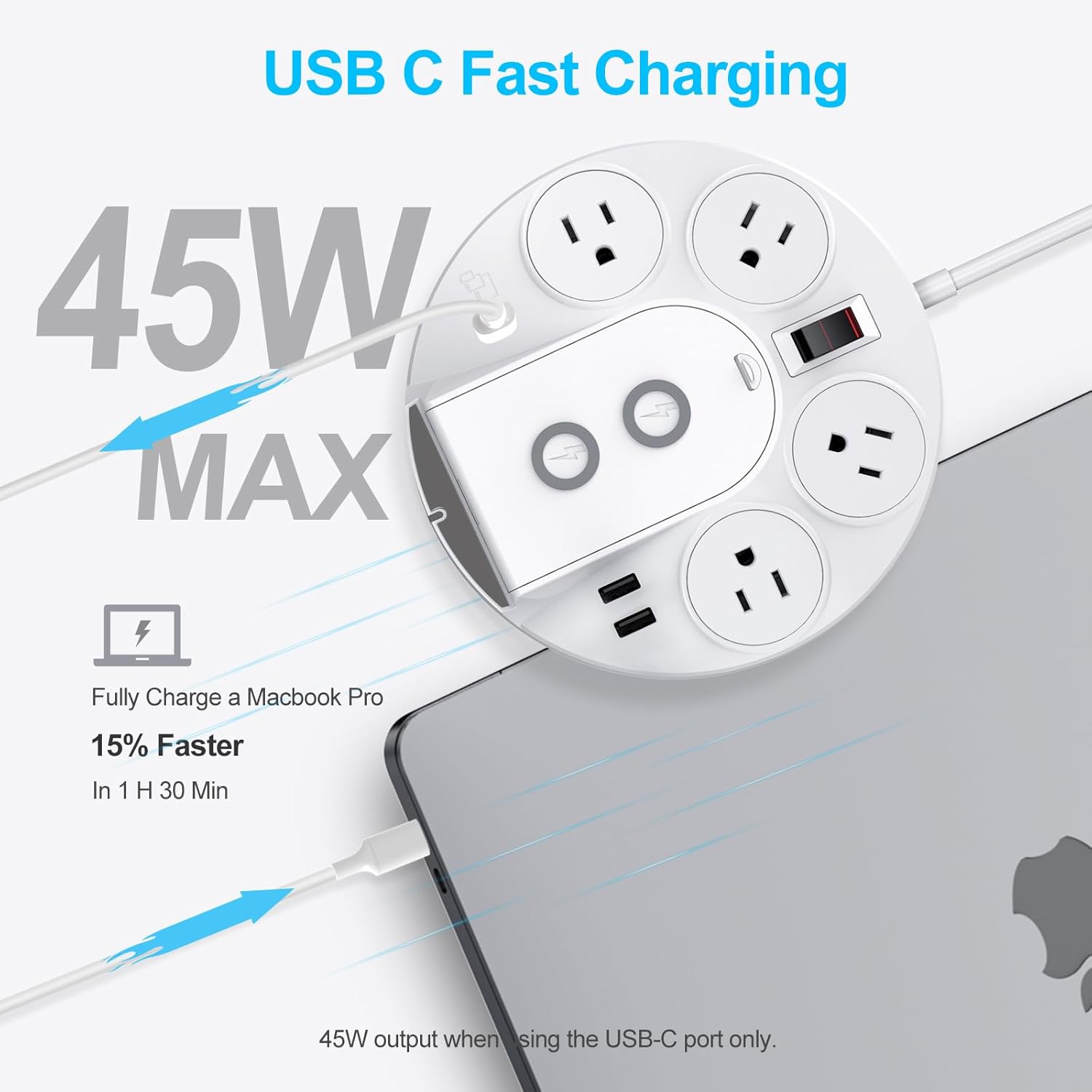 KingTSYU – Regleta protectora de sobretensiones, cable de extensión de regleta de alimentación con puertos USB C, 4 tomas de corriente y cargador