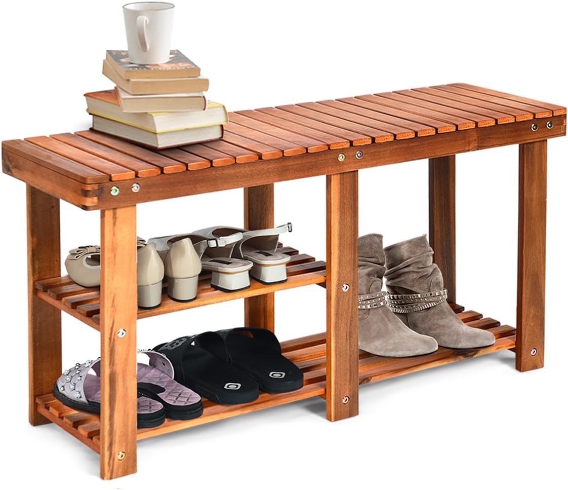 KOTEK Zapatero de 3 niveles, banco de almacenamiento de madera de acacia premium, organizador de zapatos multifuncional con almacenamiento de botas,